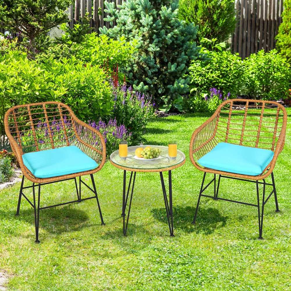 Gymax 3PCS Rattan Patio Bistro Set Conversation Furniture Set w/ Turquoise Cushions - Image 9