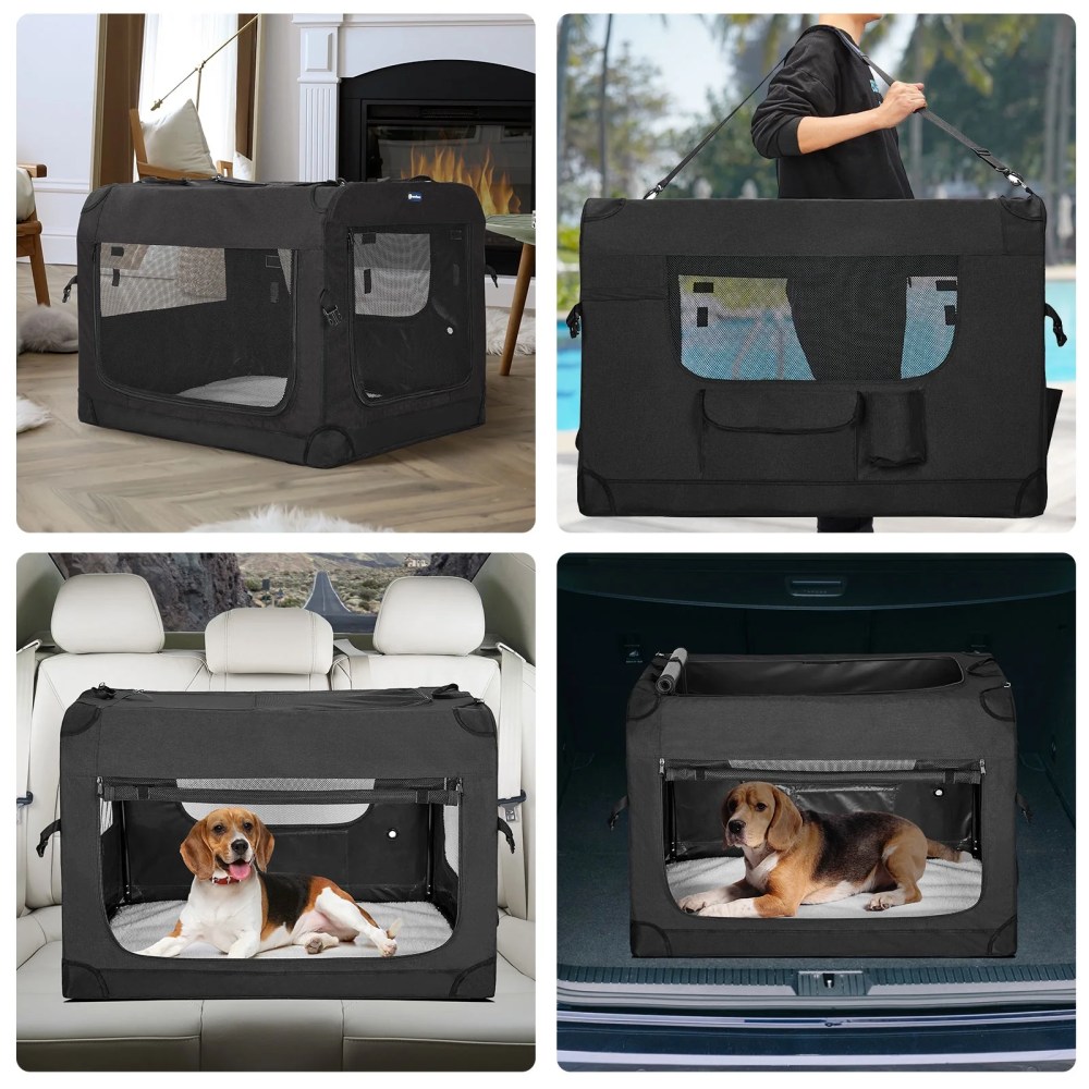 Veehoo Folding Soft Dog Crate, 3-Door Pet Kennel, 600D Cationic Oxford Fabric, 40", Black - Image 7