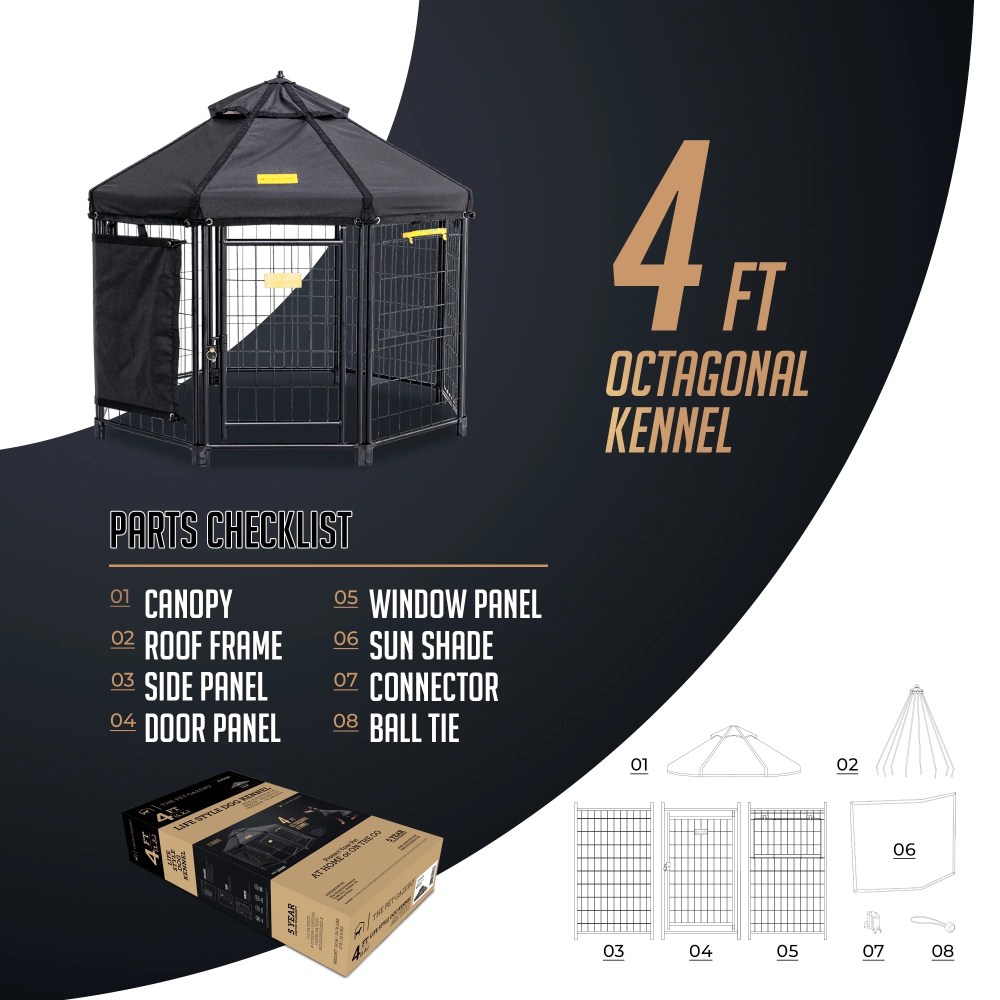 PET GAZEBO INDOOR AND OUTDOOR OCTAGONAL DOG KENNEL WITH POLYESTER COVER AND SIDE SUNSHADE, 4FT - Image 4