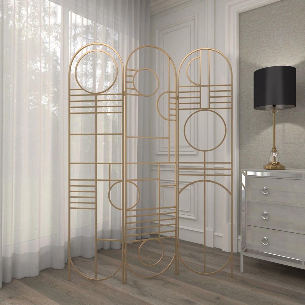 DecMode Modern 3 Panel Metal Room Divider Screen with Geometric Pattern and Gold Finish, 50"W x 69"H - Image 5