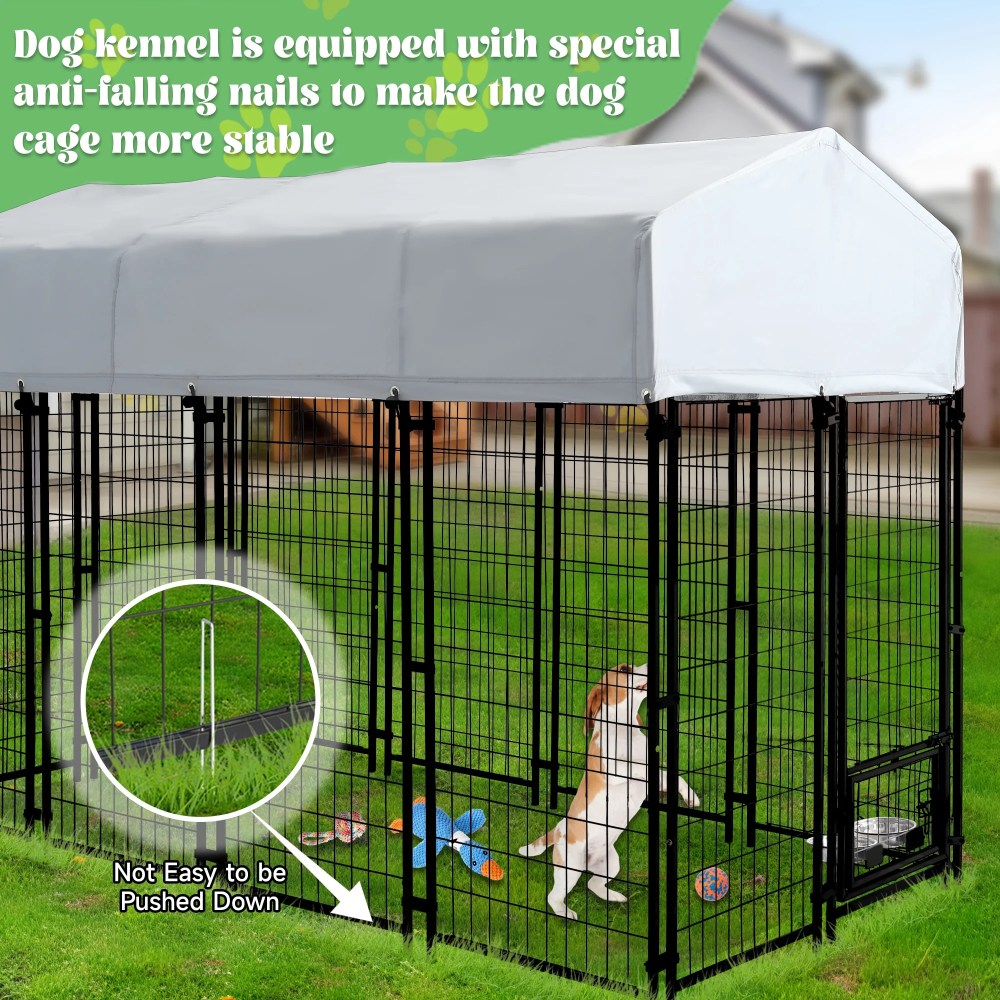 Haverchair Large Outdoor Dog Kennel, Heavy Duty Welded Wire Steel Dog Enclosure Playpen Crate with Waterproof UV-Resistant Roof Cover, Double Lock Dog Kennels Fence with Rotating Feeding Door Bowls - Image 9