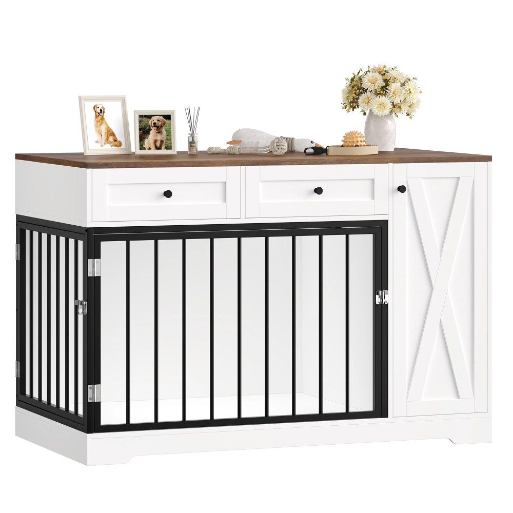Homfa Dog Crate with Storage Cabinet and 2 Drawers, Indoor Furniture Style Wooden Large Dog Kennel, White - Image 6