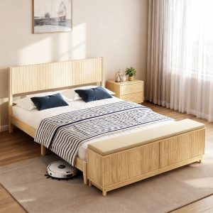 Zimtown Queen Bed Frame with Storage Bench 4 Drawers, Solid Pine Wood Platform Panel Bed Frame,Beige
