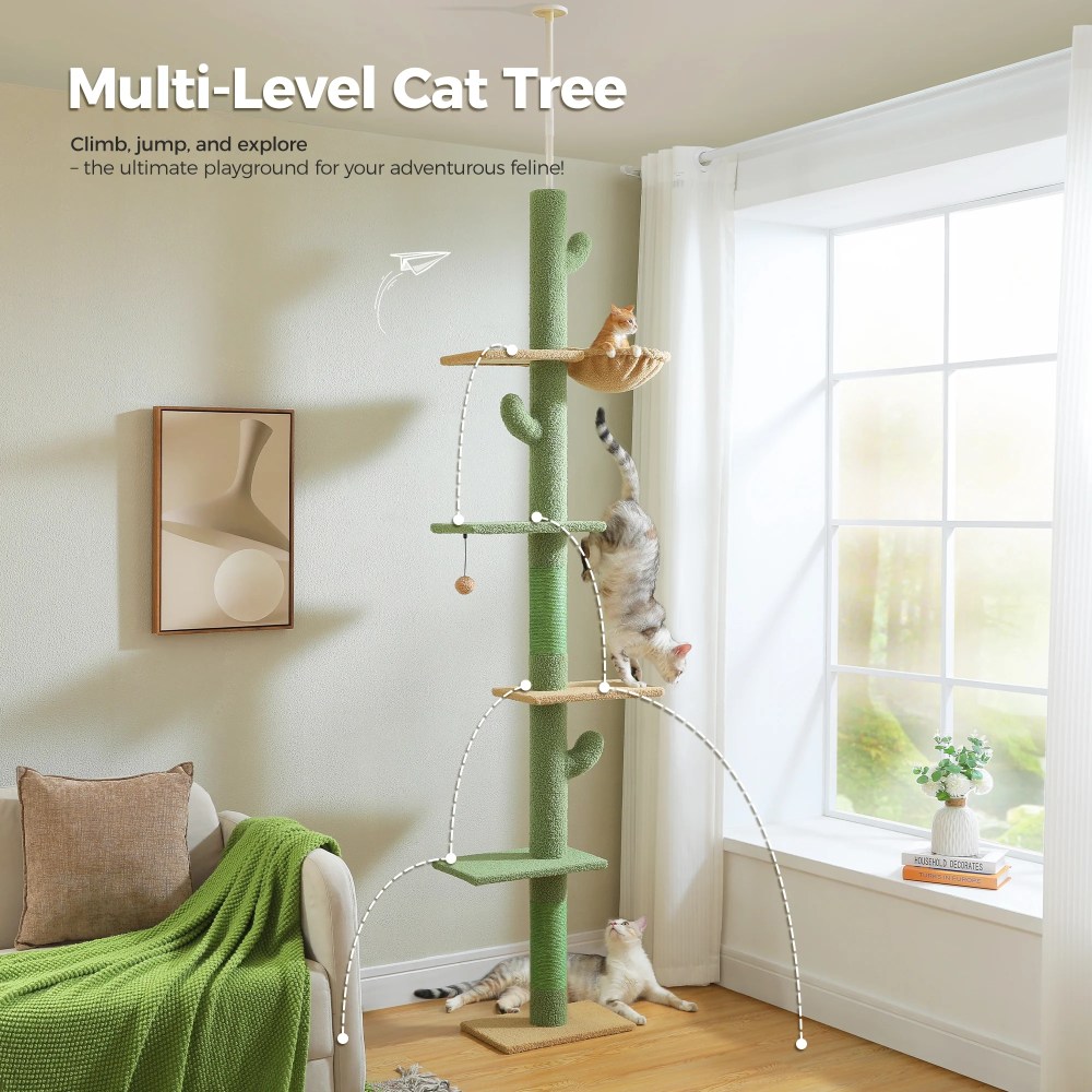 PAWZ Road Tall Cat Tree Cactus Floor to Ceiling Cat Tower 95-108" Sisal Scratching Post for Indoor Cats - Image 4