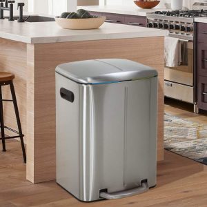 10 Gallon Dual Compartment Trash Can and Recycle Bin,Stainless Steel Foot Pedal Garbage Can Bathroom Double Trash Can Recycling for Kitchen with 2 x 5 Gallon Removable Inner Buckets,Soft Close
