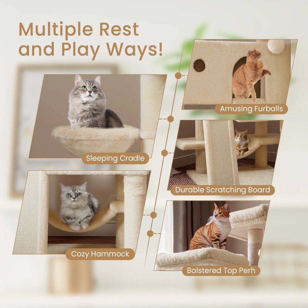 Merrland 65.7 " Large Cat Tree Tower Condo for Cats with 2 Scratching Ramps, Hammock & Scratching Posts, Beige - Image 6