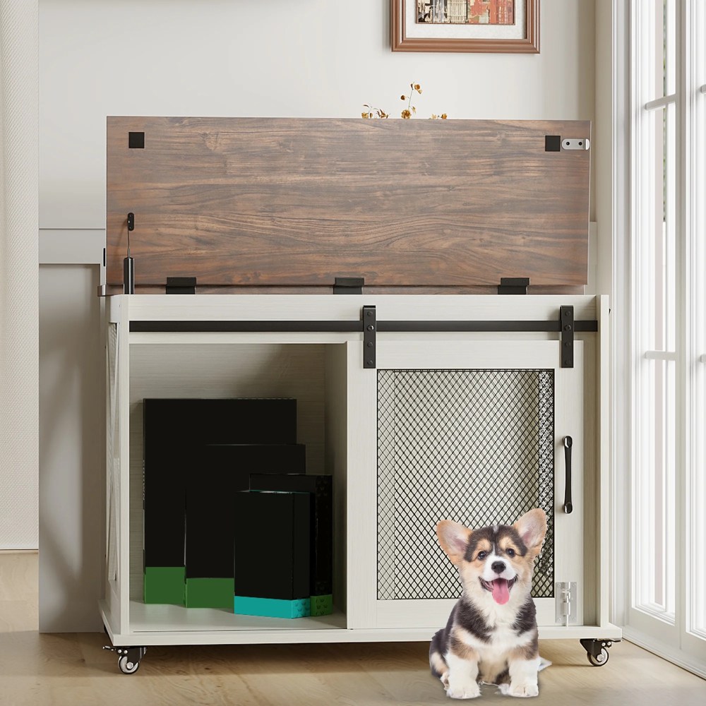 37" Stress-Free Dog Crate with Dual Access Sliding Barn Door & Flip Top Design Creates a Cozy Den for Your Pet - Image 17