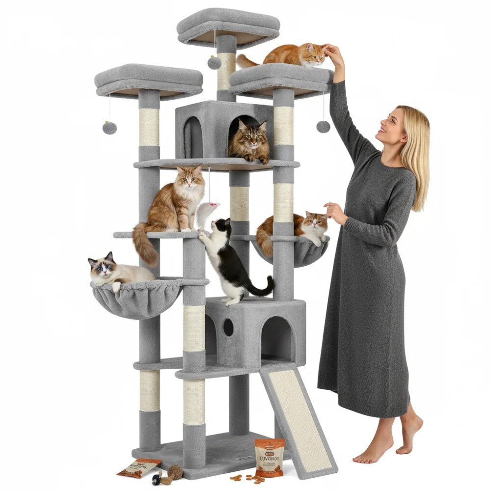 Globlazer 83" Multi-Level Large Cat Tree Tower for Indoor Cats with Sisal Scratching Post, Hammock & 2 Condos, Light Gray - Image 6