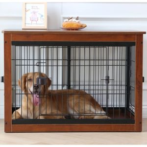 Dog Crate Furniture Indoor Dog Crate End Table Heavy-Duty Dog Cage with Dog Mat,  Three-Door Dog House Brown