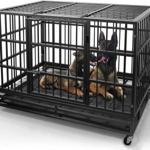 WOKEEN 38 Inch Heavy Duty Dog Crate Cage Kennel with Wheels,  High Anxiety Indestructible,  Sturdy Locks Design,  Double Door and Removable Tray,  Extra Large XL XXL