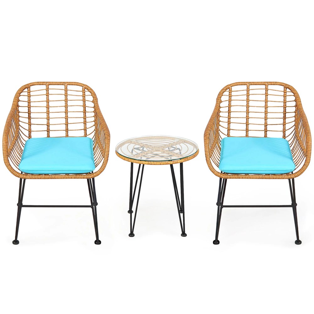 Gymax 3PCS Rattan Patio Bistro Set Conversation Furniture Set w/ Turquoise Cushions - Image 6