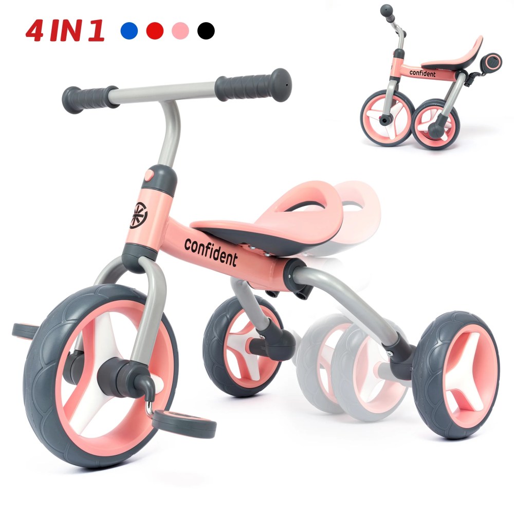 Wdmiya 4 in 1 Toddler Tricycle for 2-5 Years Old Kids, Folding Toddler Bike with Removable Pedals, Gift & Toys for Boy & Girl, Balance Training for Baby Bike Infant Trike, Pink