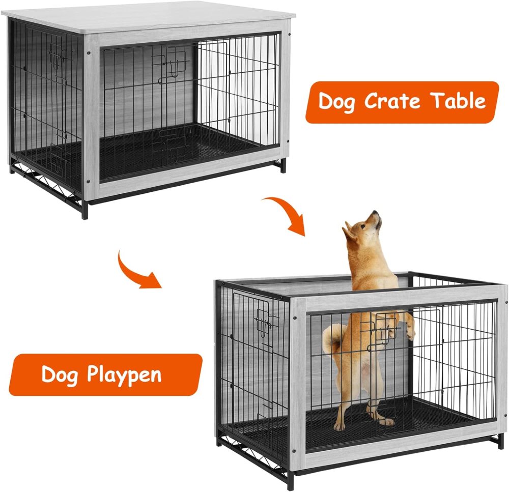 LAZY BUDDY Dog Crate Furniture, Large Dog Kennel Wooden Pet Furniture with Pull-Out Tray, Double Doors, 44.1 "L x 29.5 "W x 32.3 "H (Gray) - Image 2