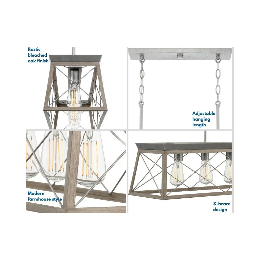 Briarwood Collection Five-Light Galvanized and Bleached Oak Farmhouse Style Linear Island Chandelier Light - Image 4