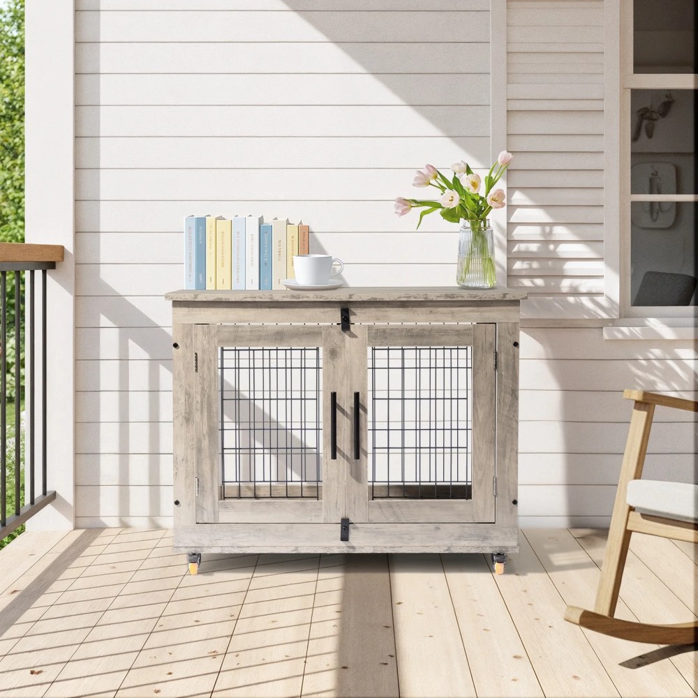 Zimtown 31In Indoor Dog Crate Furniture, Double Door Wooden Pet Cage with Removable Tray, End Table, Light Gray - Image 2