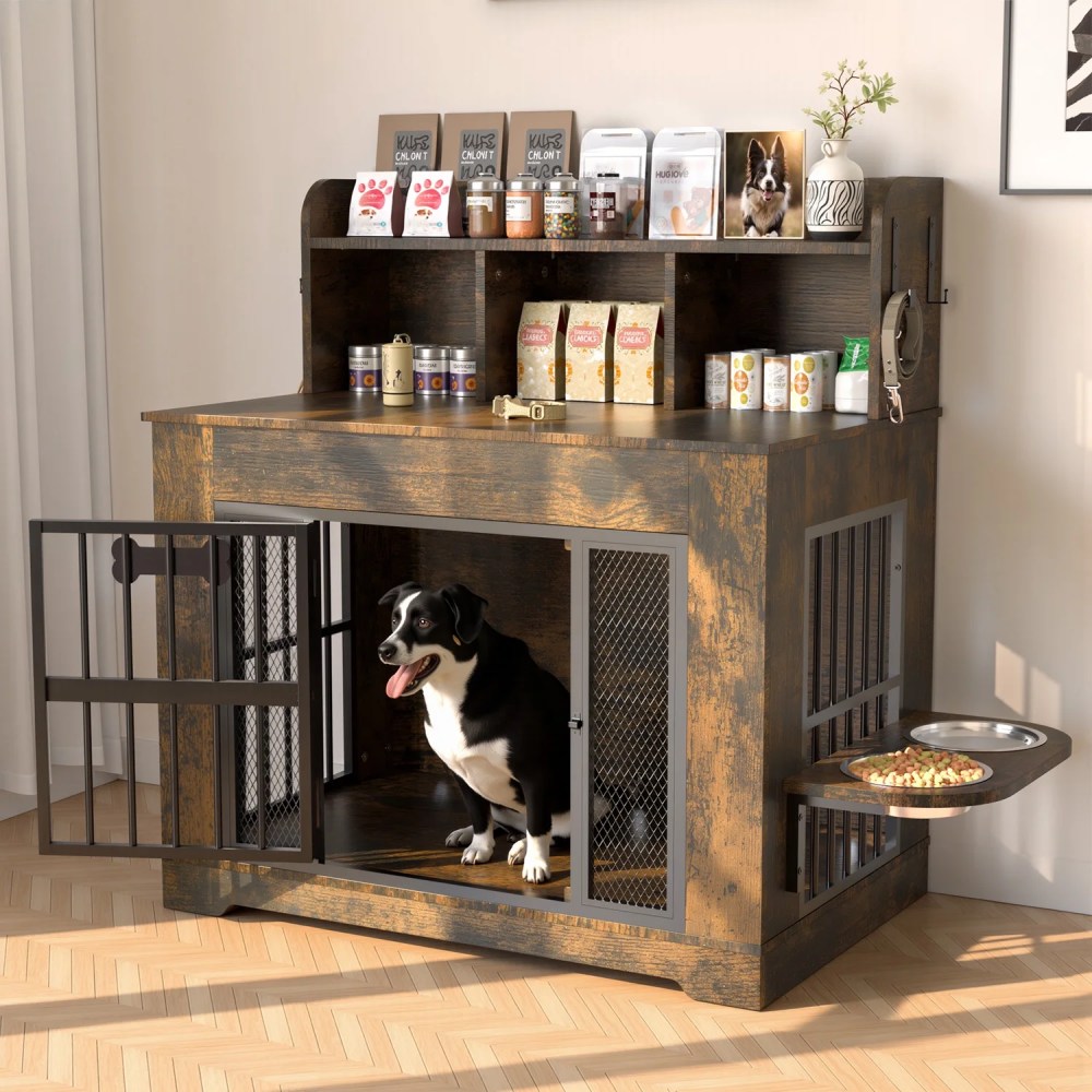 Behost 34" Dog Crate Furniture for Small /Medium Dogs with LED Light Feeding Bowls, Dual-Layer Storage, Decorative Dog Kennel for Indoor , Rustic Brown - Image 9