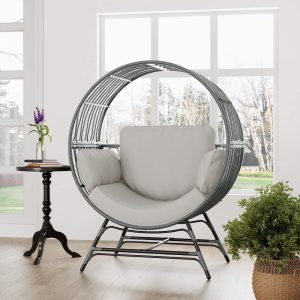 Wicker Round Egg Chair,Oversized Indoor Outdoor Lounger for Patio Living Room,w/ 4 Cushions,Steel Frame,330lbs Capacity(GR-LR)