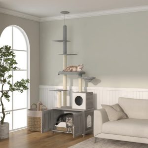 PawHut 2 in 1 Litter Box Enclosure with Floor to Ceiling Cat Tree,  Gray