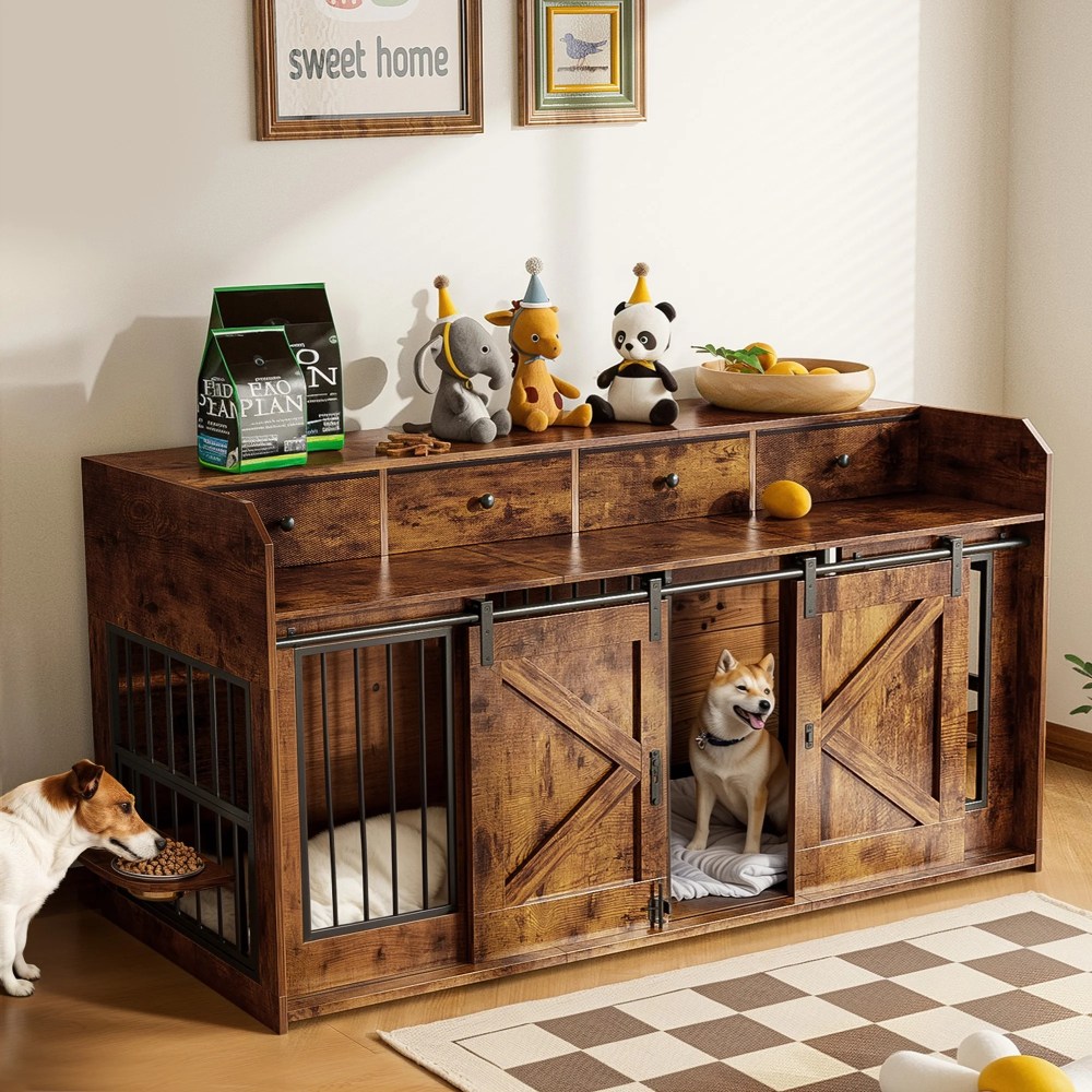 Advwin 63" Wooden Double Dog Crate Furniture with Drawers, Divider, Sliding Doors and Dual Feeding Stations, TV Stand Dog Kennel for 2 Small/Medium Dogs, Rustic Brown - Image 5