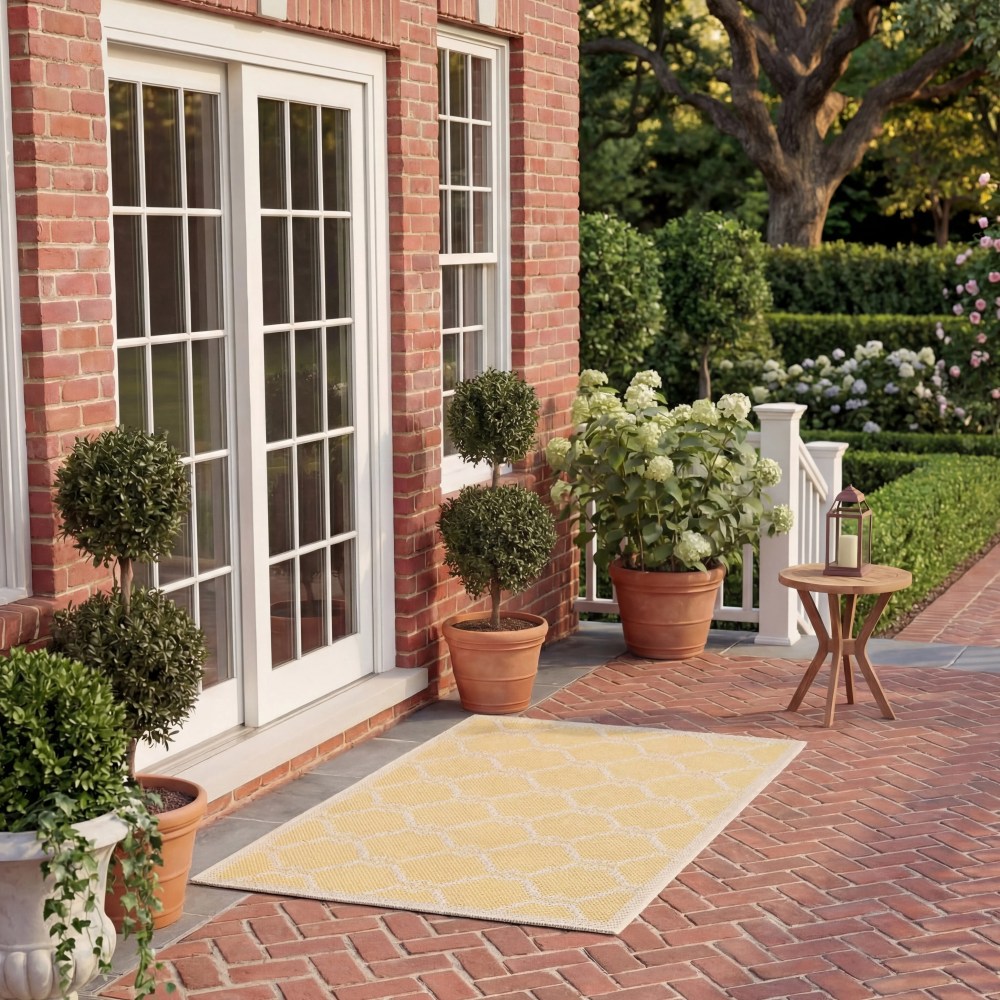 SAFAVIEH Courtyard Estelle Geometric Indoor/Outdoor Area Rug, Yellow/Beige, 5'3" x 7'7" - Image 4