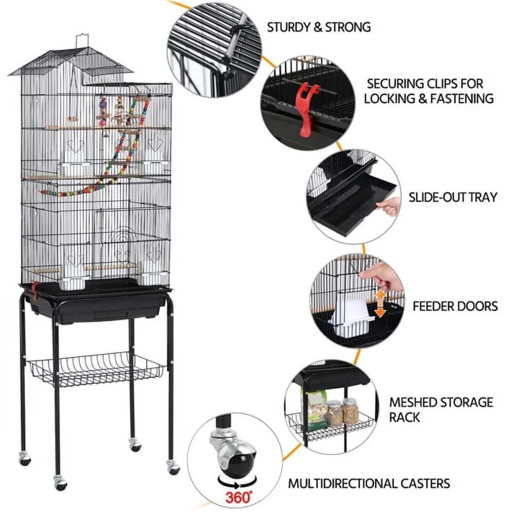 Alden Design 62.4"H Metal Rolling Mid-Size Bird Cage with Detachable Stand, Black - Image 12