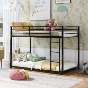 EUROCO Metal Twin over Twin Bunk Bed, Low Profile Bunk with Ladder and Full Length Safety Guardrails for Kids Teens Adults, 350lb Capacity Heavy Duty Space-Saving Bed Frame, Black