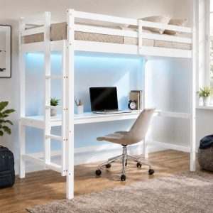Zimtown Twin Size Loft Bed Frame with Desk,Wood Bunk Bed with RGB LED for Adults,2 Charging Station on High Guardrail,White