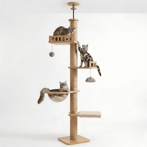 Mekidulu 95in-108in Adjustable Floor to Ceiling Cat Tree with 4.3in Posts,  Wood Indoor Tower,  Natural