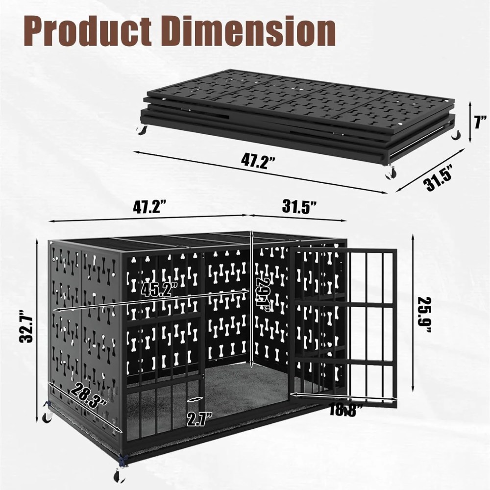Waleaf 48 inch Heavy Duty Indestructible Dog Crate, Escape Proof Dog Cage with Enclosed Design, High Anxiety Dog Crate for Large Dogs, Lockable Wheels and Removable Trays, Large - Image 6