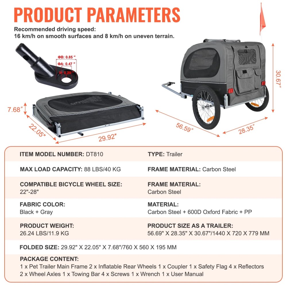 KFFKFF Water-Resistant Steel Pet Bicycle Trailer for Dogs & Cats, Black Gray - Image 4