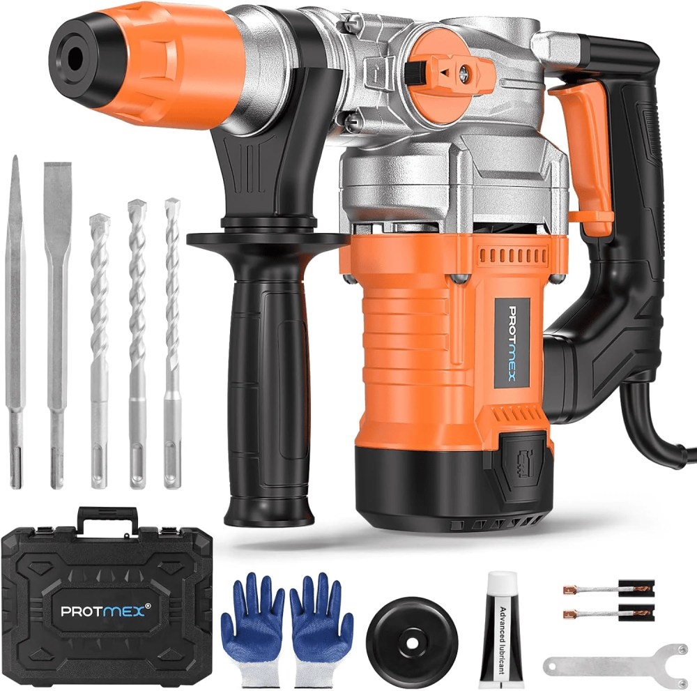 1-1/4 Inch SDS-Plus 13 Amp Heavy Duty Rotary Hammer Drill with Safety Clutch 3 Functions,Vibration Control,for Floor Tile Removal,Concrete Breaker,Including Grease,Chisels & Drill Bits