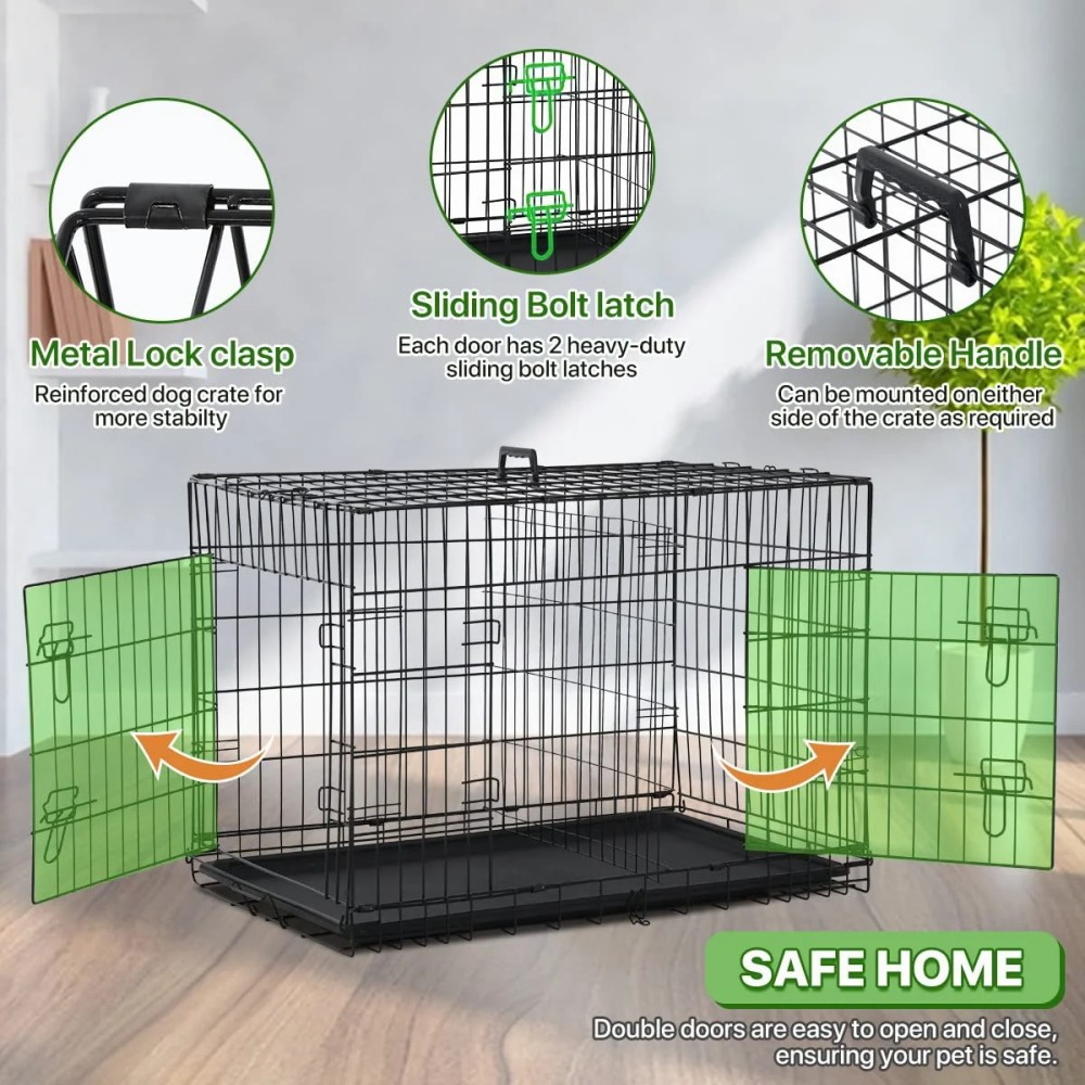Dkelincs 42" XL Foldable Dog Crate Metal Dog Cage Kennel with Double Door & Tray, Black - Image 2