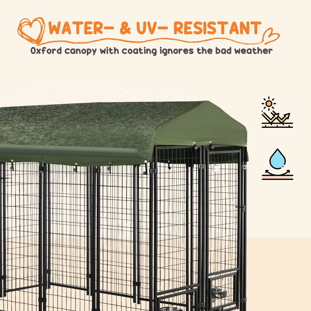 PawHut 8" x 4" x 6" Outdoor Dog Kennel with Rotating Bowl Holders, Walk-in Pet Playpen, Welded Wire Steel with Water and UV-Resistant Canopy, Green - Image 9