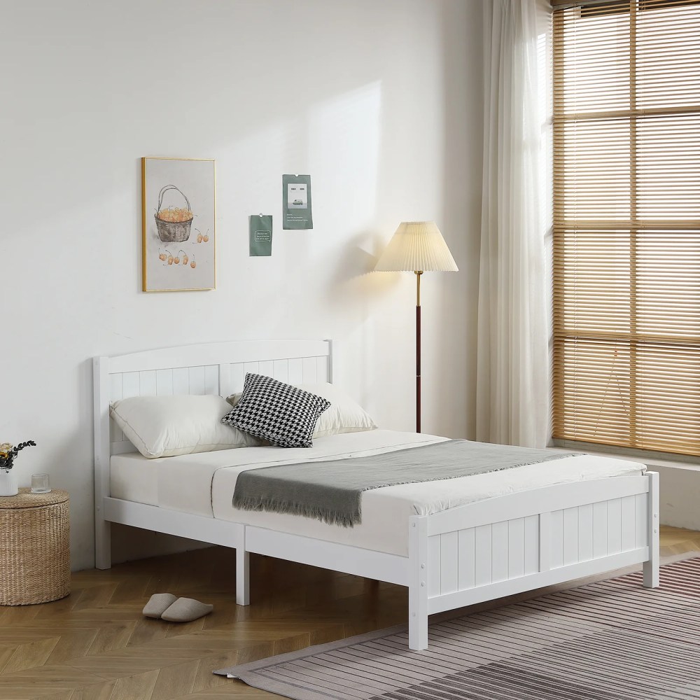 Zimtown Full Platform Bed,Solid Pine Wood Kids Bed Frame with Headboard and Footboard ,Easy Assembly,White