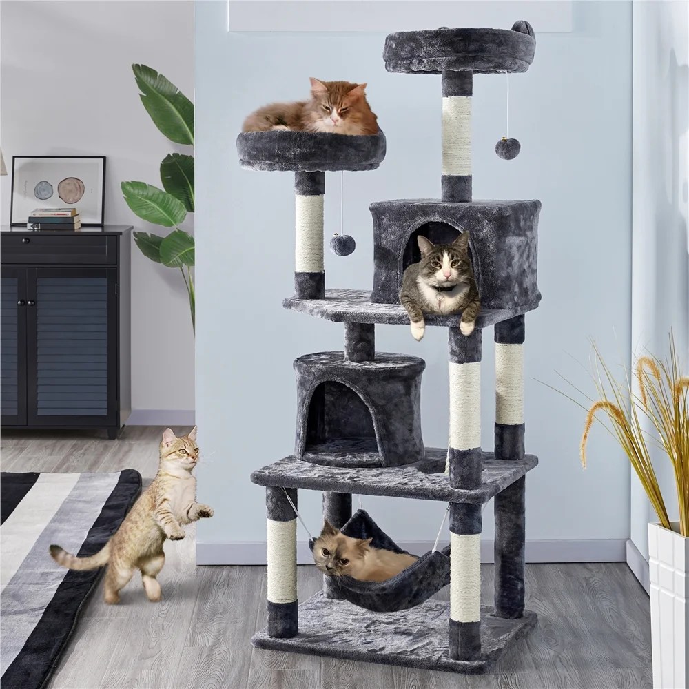 Alden Design 62" Tall Double Condo Cat Tree and Scratching Post Tower, Dark Gray - Image 9