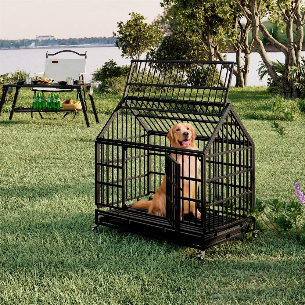 Aukfa 47 in Heavy Duty Indestructible Dog Crate with Lockable Wheels, Escape Proof Dog Cage Kennel w/ Removable Tray - Image 4