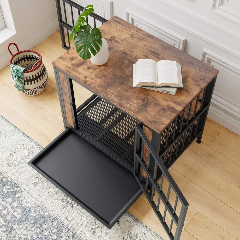 Pefilos 27.4" Furniture Style Dog Crates for Indoor, Pet Kennels with Removable Trays and 2 Sliding Doors, Heavy-Duty Dog Cage, Brown - Image 3