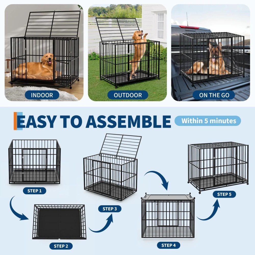 Heavy Duty Stainless Steel Dog Crate for Large & XL Breeds - Indestructible Escape-Proof Kennel with Locking Wheels - Collapsible, Chew-Resistant Indoor/Outdoor Cage with Easy-Clean Removable Tray - Image 2