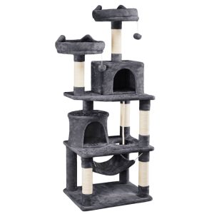 Alden Design 62" Tall Double Condo Cat Tree and Scratching Post Tower,  Dark Gray