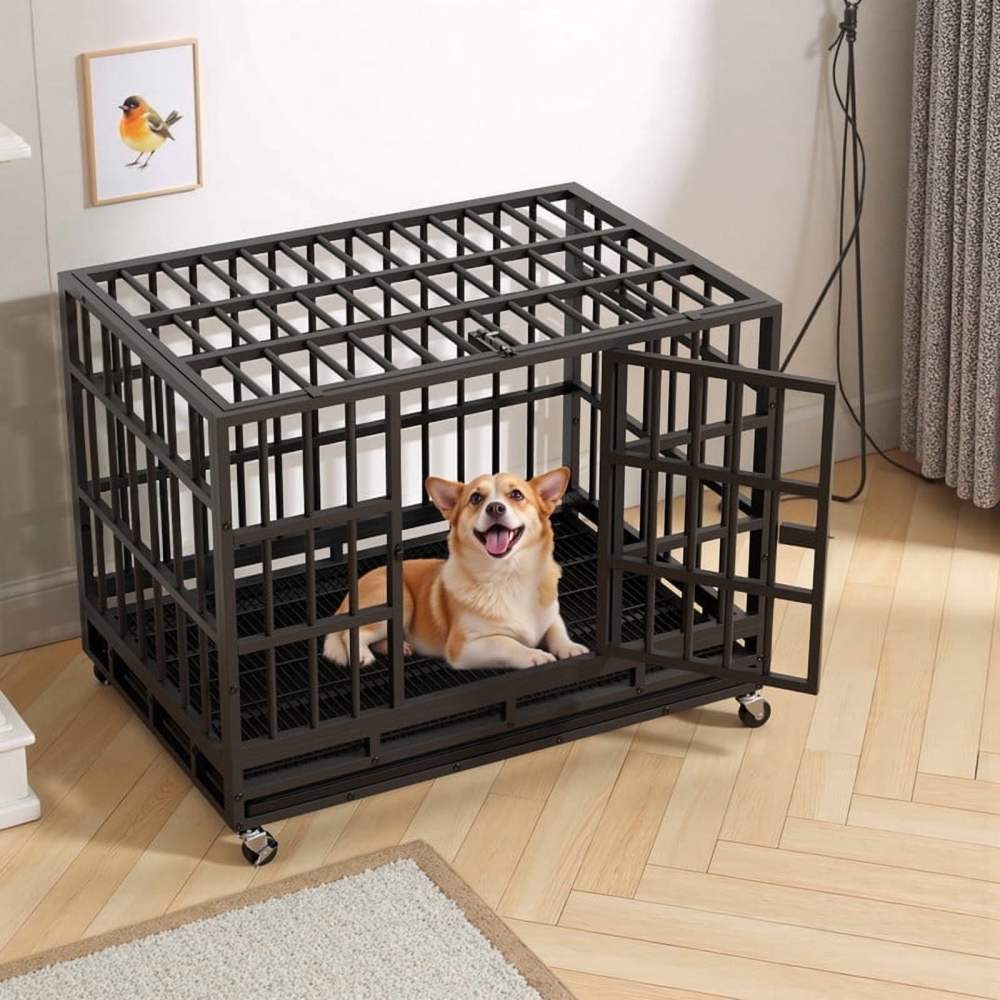 Furmax 37" Heavy Duty Dog Crate with Removable Tray Large Dog Kennel Heavy Duty Dog Crate cage with Wheels