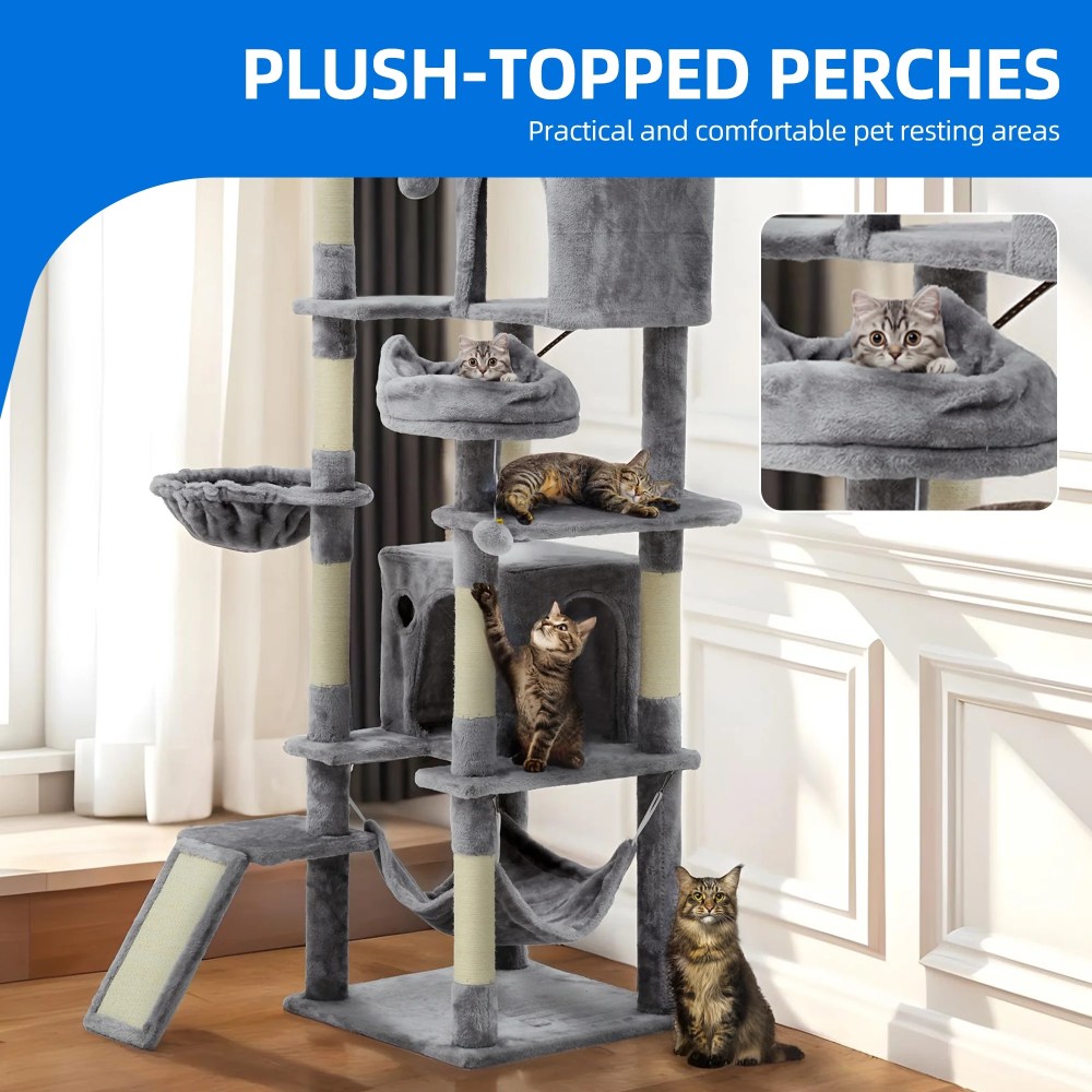 Dextrus 75" Tall Cat Tree for Large Cats, Multi-Level Play Tower Condo with Sisal Ramp Scratching Post & Hammocks, Light Gray - Image 2