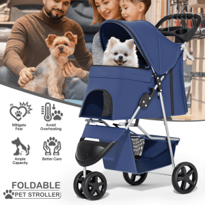 MoNiBloom 3 Wheel Folding Pet Dog Stroller,  Foldable Lightweight Trolley with Storage Basket,  Cup Holder and 360'Rotating Front Wheel for Small Medium Dogs,  Navy Blue