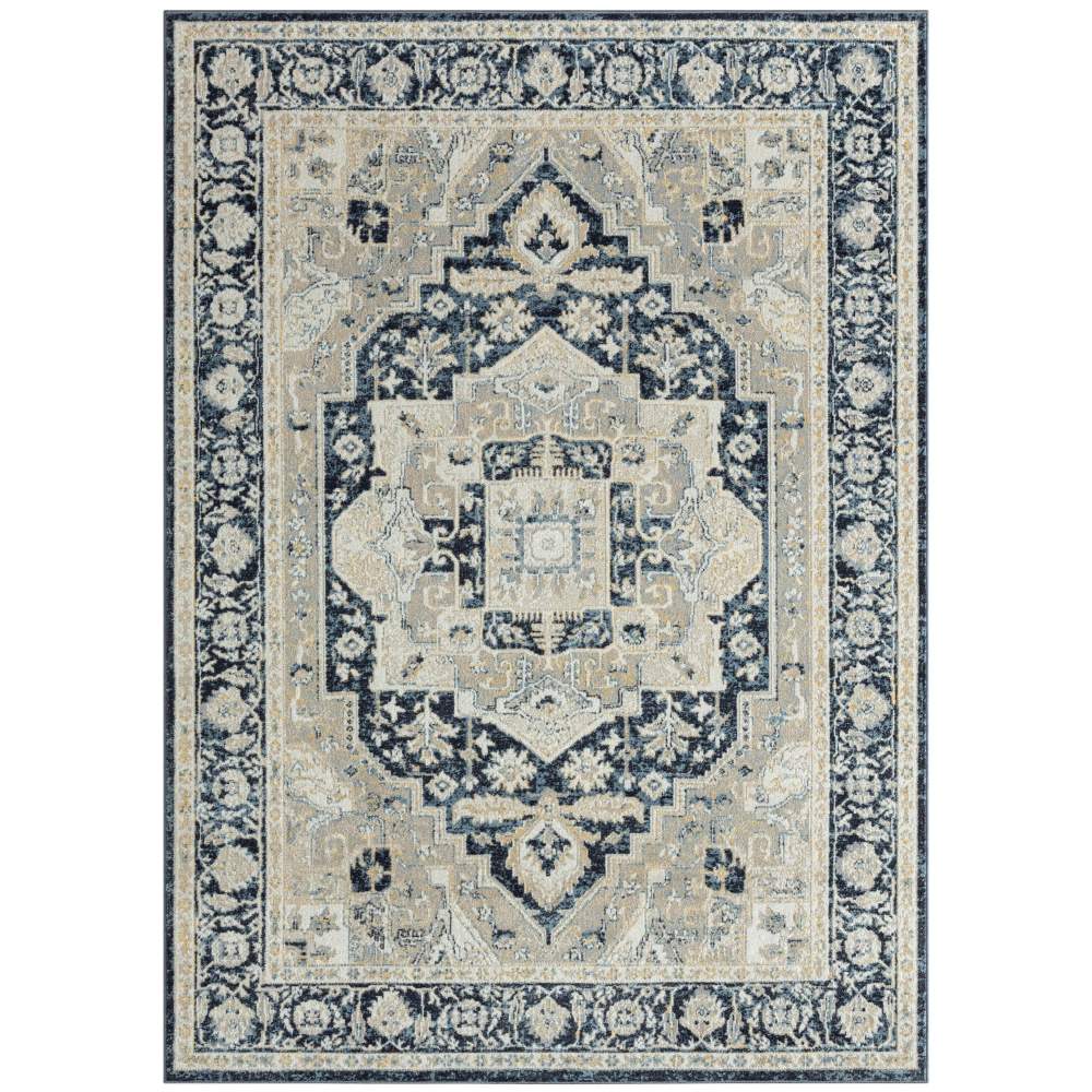 Everwash Treasure Rubia Traditional Medallion Machine Washable Indoor Area Rug, Ivory/Navy Blue, 6'6"x9'2"