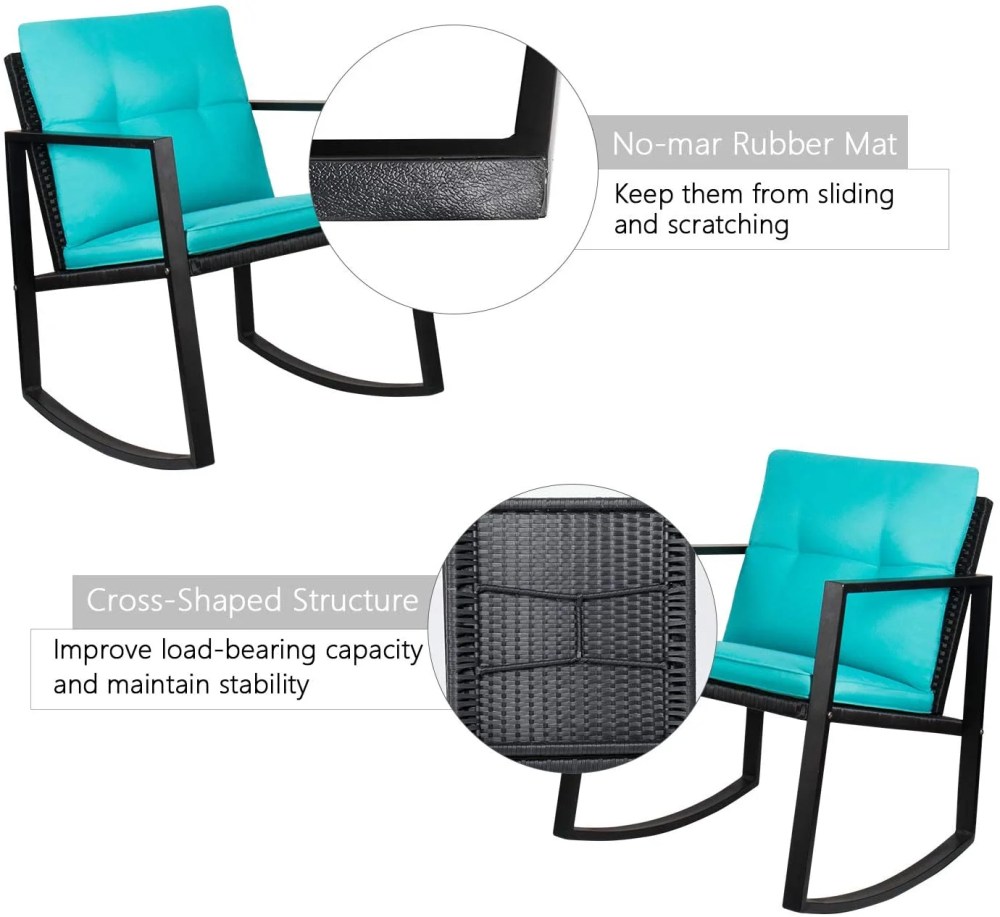 Vineego Outdoor Bistro Set 3-Piece Rocking Wicker Chairs with Cushions and Glass Coffee Table, Blue - Image 6