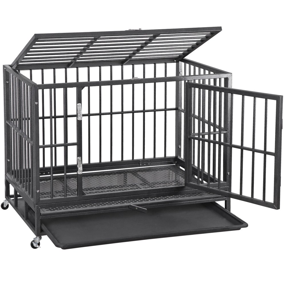 ZENY 38 Inch Indestructible Heavy Duty Dog Crate Escape Proof with Lockable Wheels High Anxiety Double Door Design
