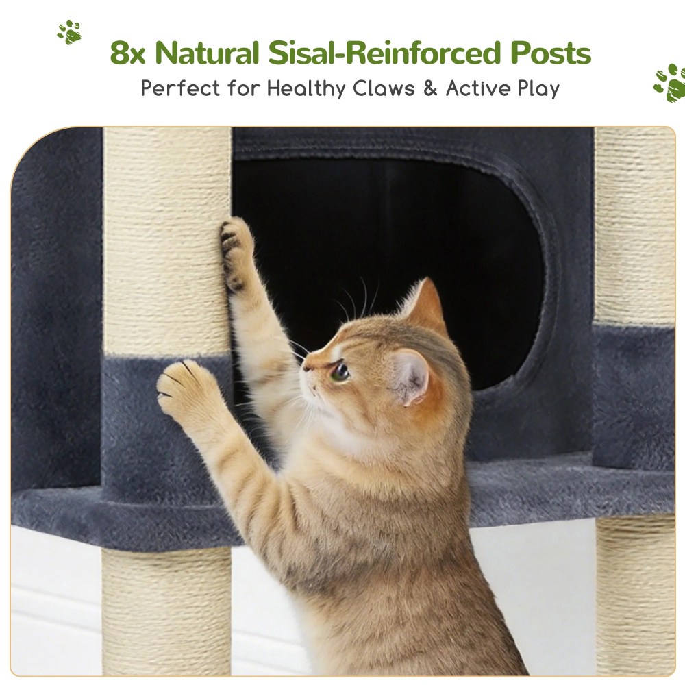 Globlazer 84" Multilevel Large Cat Tree Tower for Indoor Cats with 2 Condos, 3 Hanging Baskets & 8 Scratching Posts, Dark Gray - Image 8