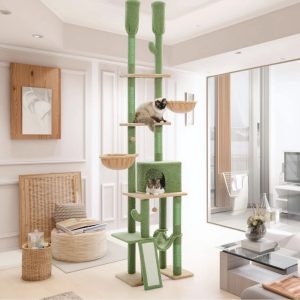 Pefilos 85"-112" Height Adjustable Cat Tree Tower Tall Kitty Climbing Play House Floor to Ceiling Cat Tree for Indoor with Cozy Cat Condo,  Green