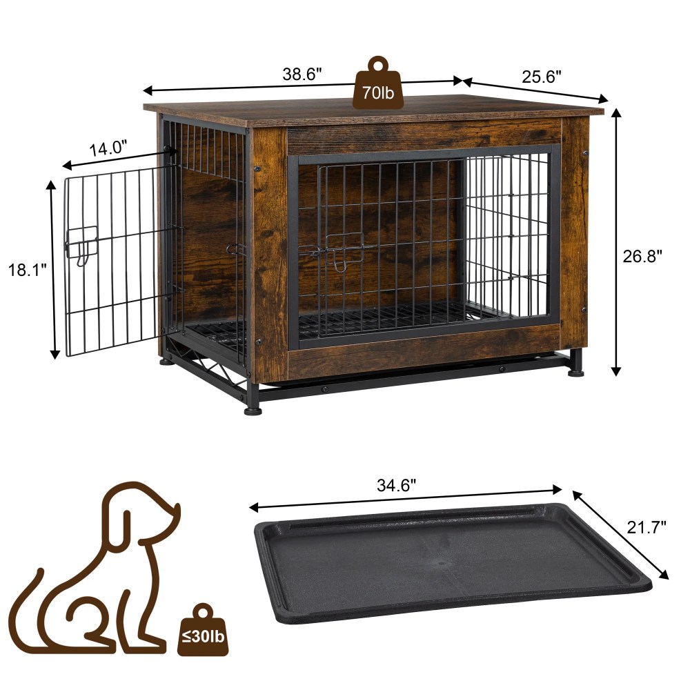 Walsunny Wooden Dog Crate Furniture, Double-Doors Kennel Indoor with Divider and Removable Tray, End Table Dog Crate for Decoration 38.6"L x 25.6"W x 26.8"H, Brown - Image 2