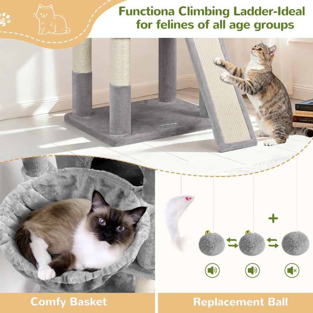 Globlazer 83" Multi-Level Large Cat Tree Tower for Indoor Cats with Sisal Scratching Post, Hammock & 2 Condos, Light Gray - Image 7