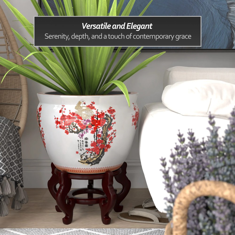 Red Lantern Large 18" Cherry Blossom Porcelain Fishbowl Planter - Image 6